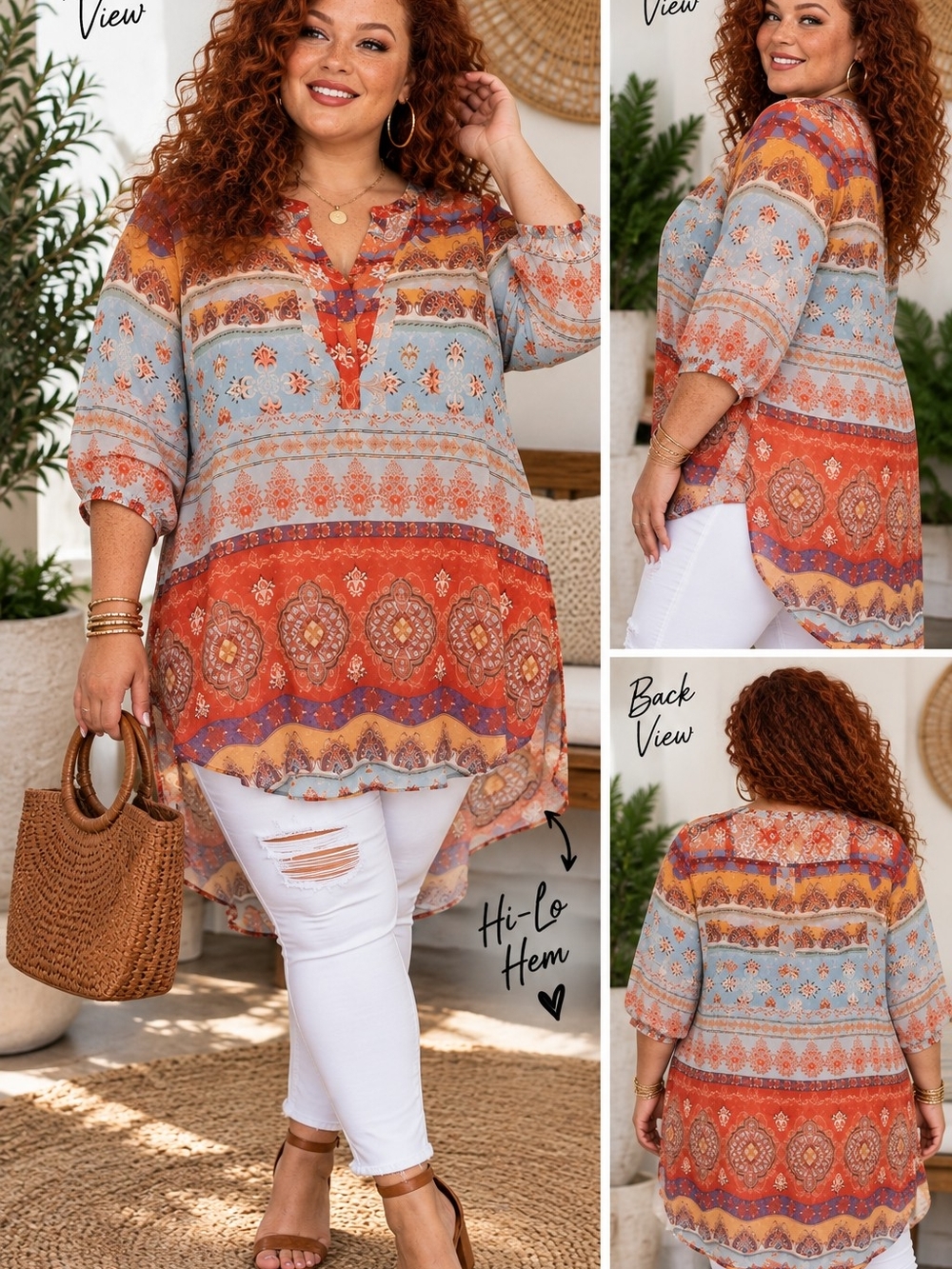 Fig & Flower Size M Boho Paisley Floral Hi-Low Tunic Top